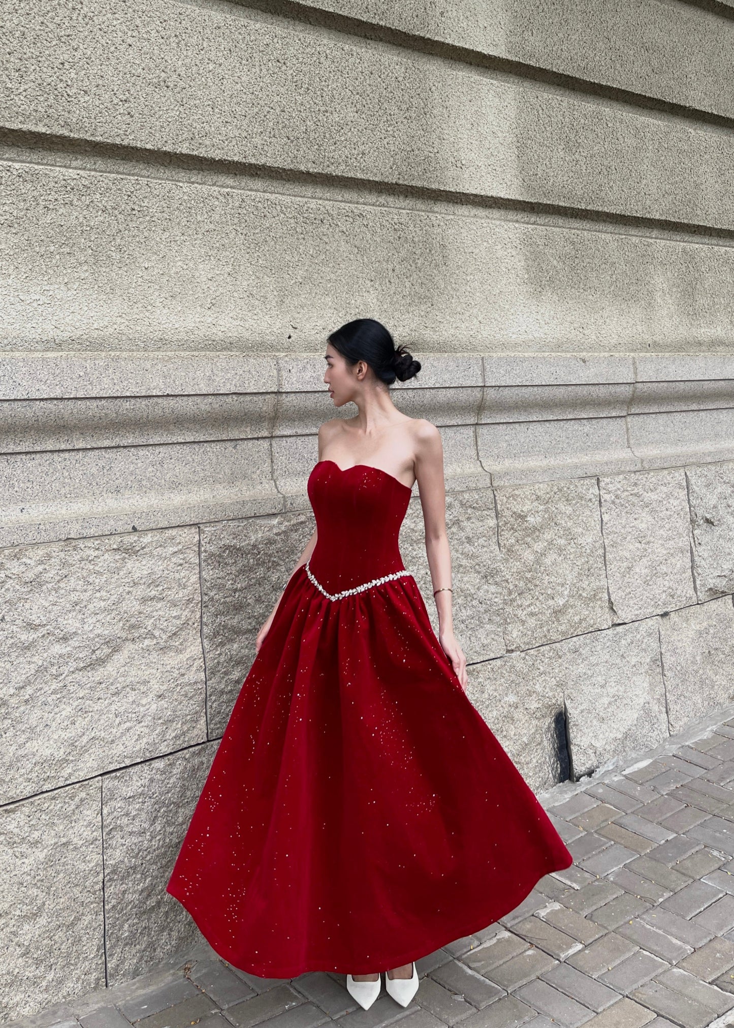 Velvet Ember Bustier Midi Dress