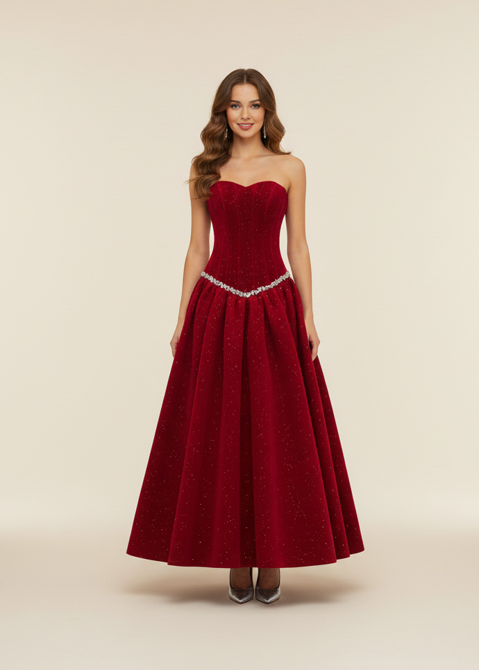 Velvet Ember Bustier Midi Dress