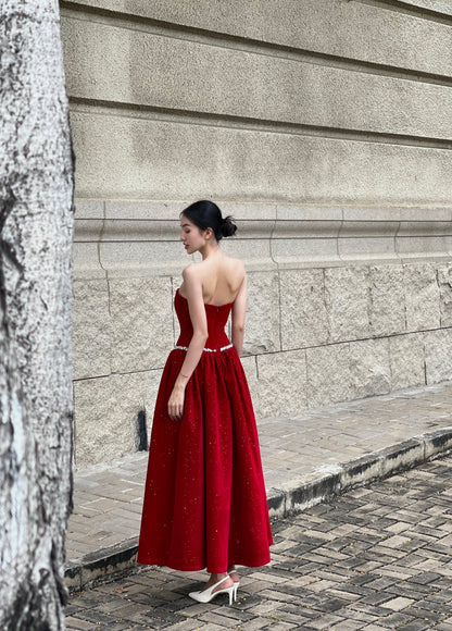 Velvet Ember Bustier Midi Dress