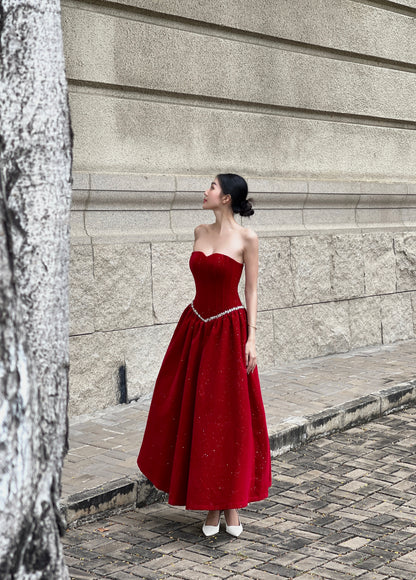 Velvet Ember Bustier Midi Dress