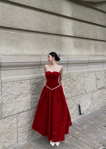 Velvet Ember Bustier Midi Dress