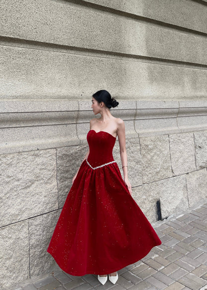 Velvet Ember Bustier Midi Dress